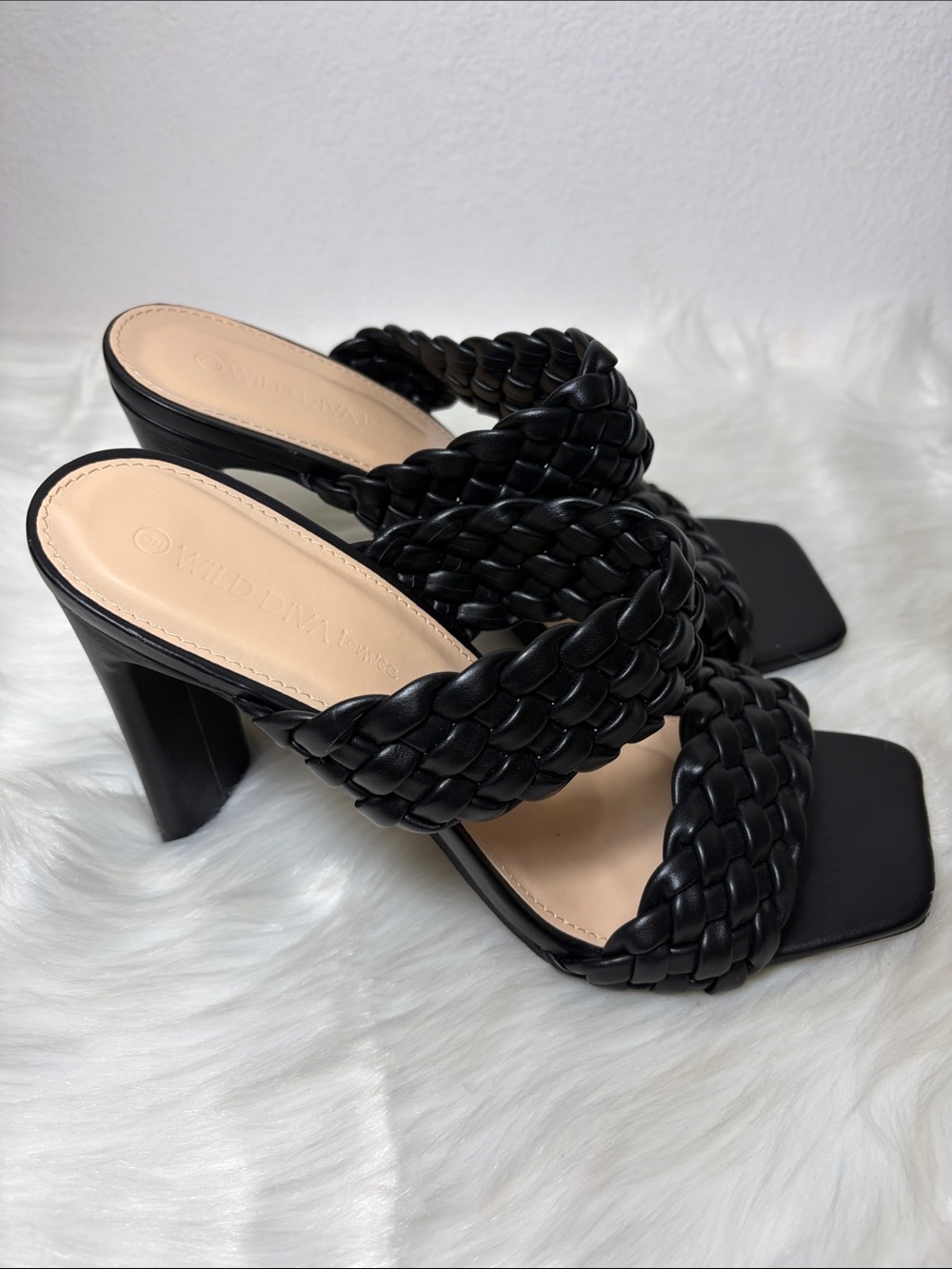 Wild Diva Lounge Black Braided Double Strap Block Heels